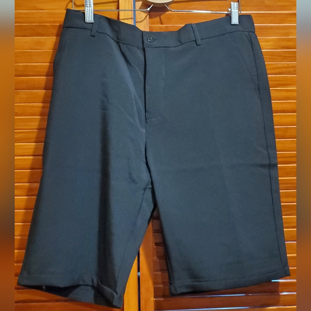 Men's black cuffed shorts with hidden rear zipper